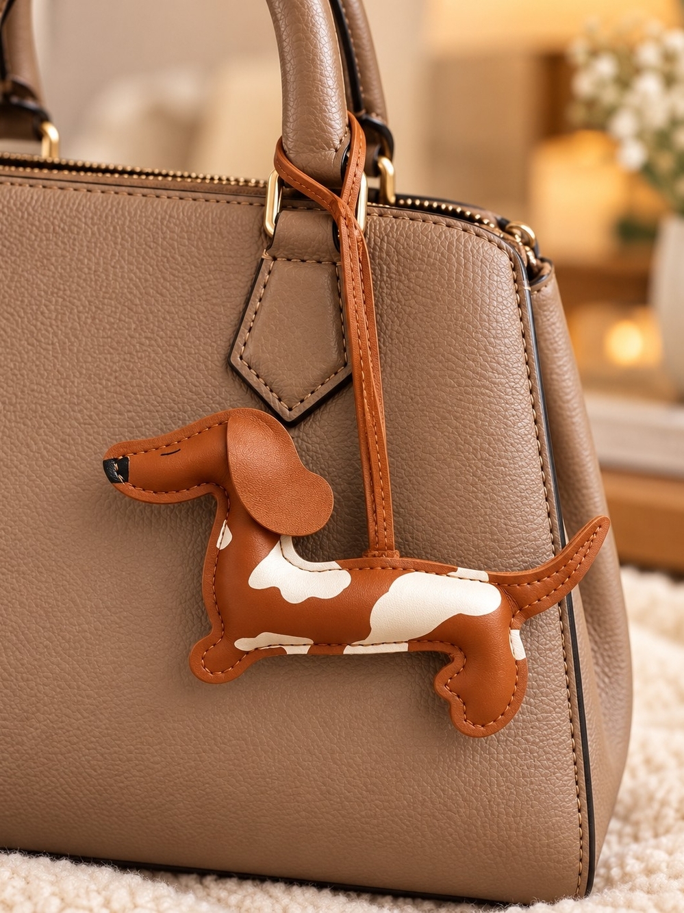 Cute Brown & White Dachshund Dog Faux Leather Purse Bag Charm New